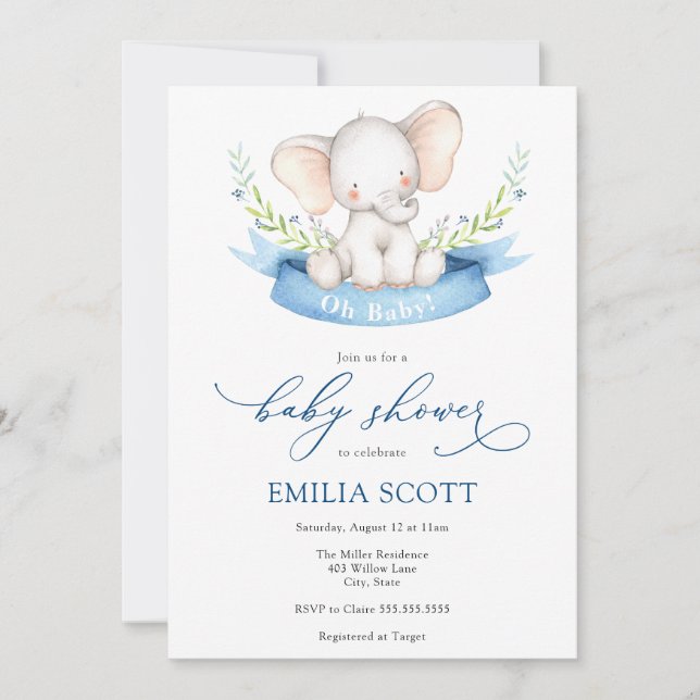 Baby Boy Elephant Baby Shower Invitation (Front)