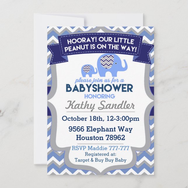 Baby Boy Elephant Baby Shower Invitations (Front)