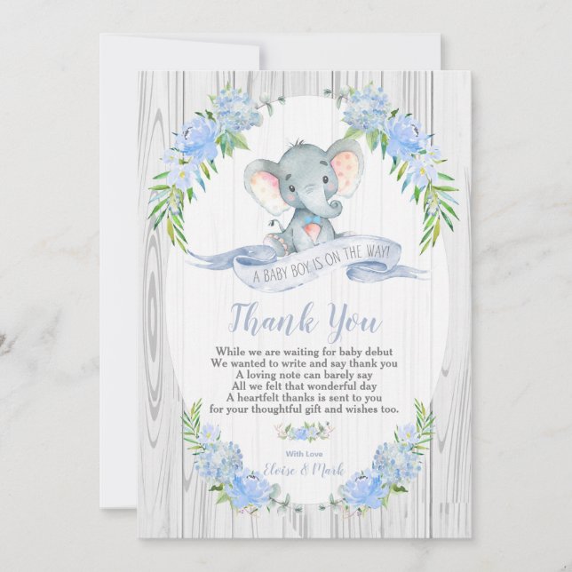 Baby Boy Elephant Baby Shower Thank You Card (Front)