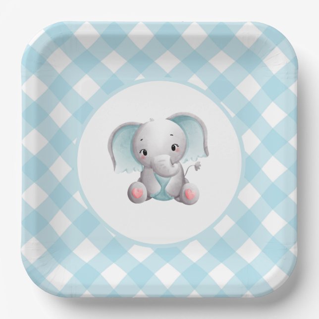 Baby Boy Elephant Birthday Plates, Baby Shower Paper Plate (Front)
