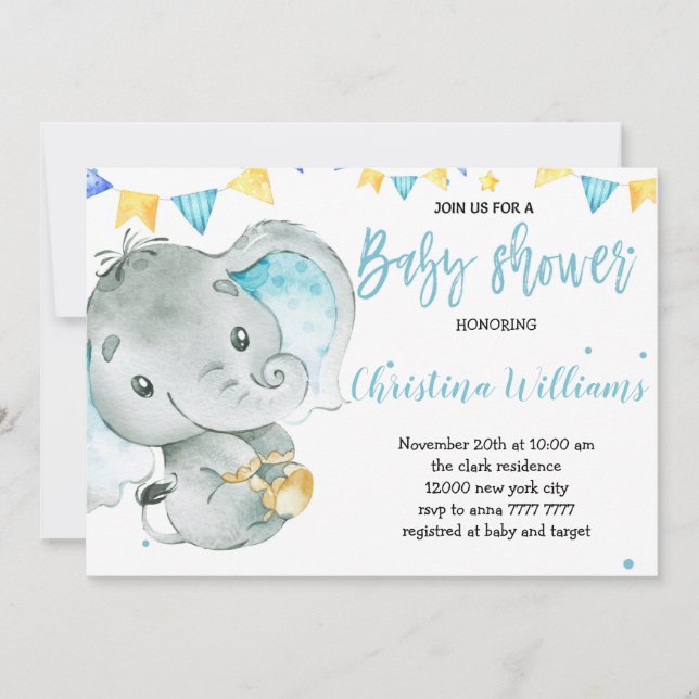 Baby Boy Elephant Cute Baby Shower Invitation (Front)