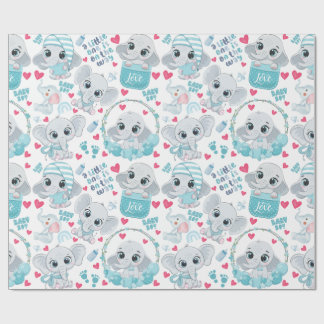 Baby Boy Elephant Cute Blue Baby Shower Baptism Wrapping Paper