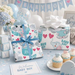 Baby Boy Elephant Cute Blue Baby Shower Baptism  Wrapping Paper