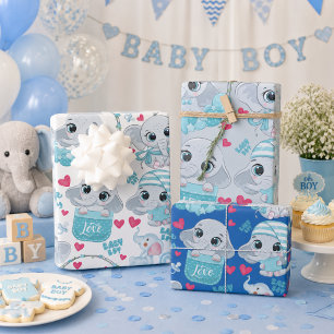 Baby Boy Elephant Cute Blue Baby Shower Baptism Wrapping Paper Sheet