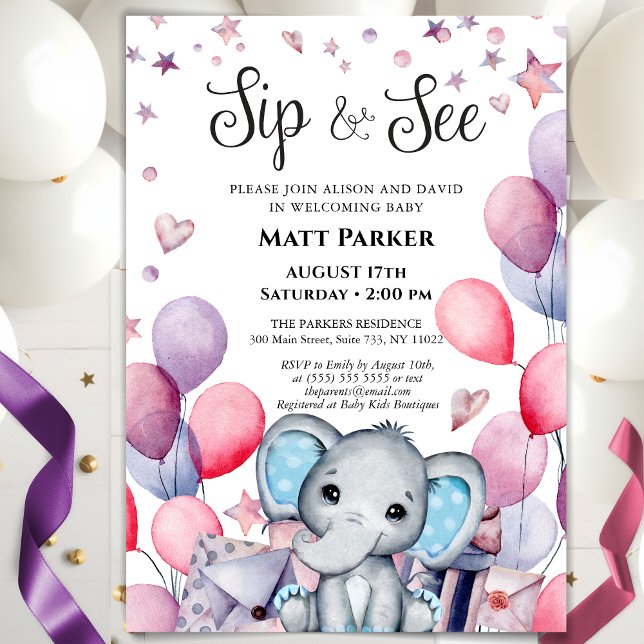Baby Boy Elephant Festive Blue Balloon SIP AND SEE Invitation (Creator Uploaded)
