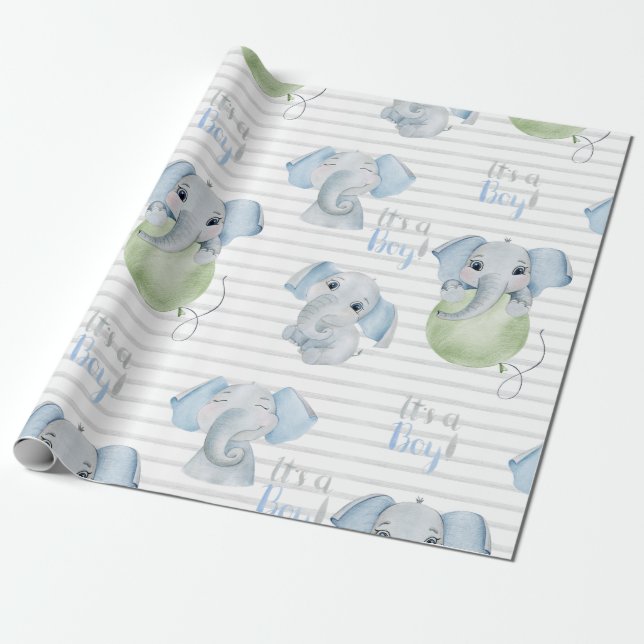 Baby Boy Elephant It’s a Boy Shower Wrapping Paper (Unrolled)