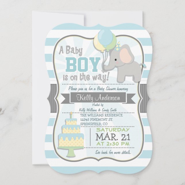 Baby Boy Elephant, Jungle Animal Baby Shower Invitation (Front)