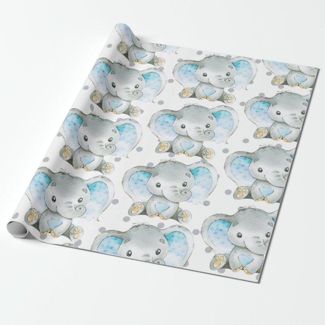 Baby Boy Elephant Jungle Pattern Baby Shower Gift Wrapping Paper (Unrolled)