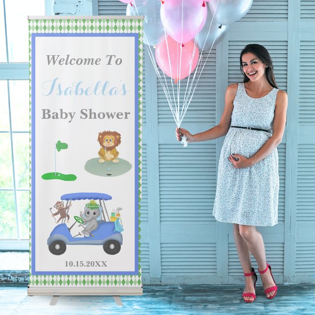 Baby Boy Elephant & Monkey Shower Retractable Banner (Golf-themed welcome banner: Customize and celebrate your baby boy's shower in style!)