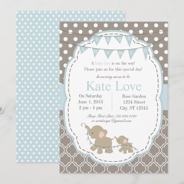 Baby Boy Elephant Shower Invitation - Blue (Front/Back)