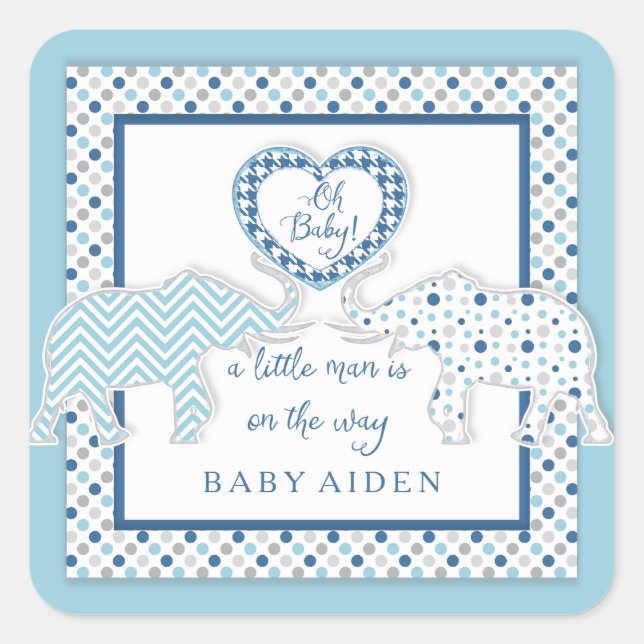 Baby Boy Elephant Themed Shower Heart Chevron Art Square Sticker (Front)
