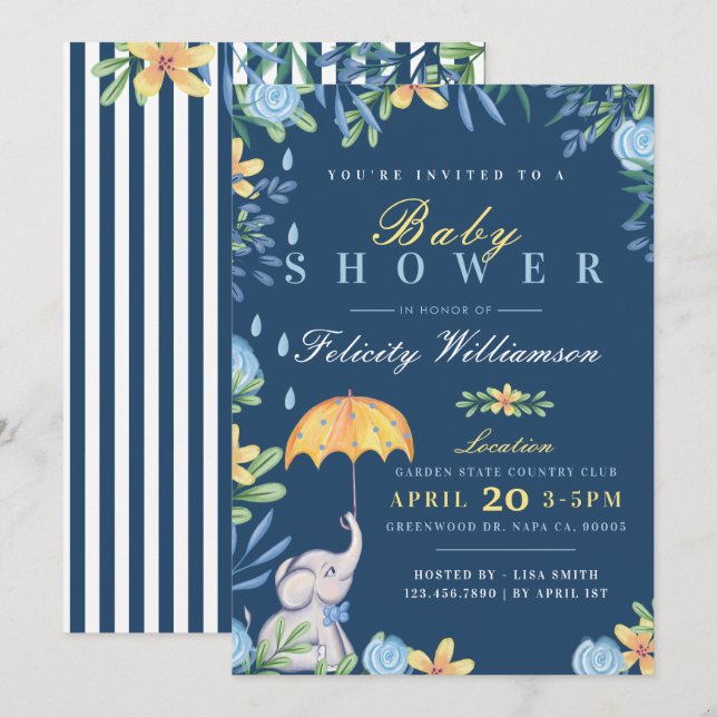 Baby Boy Elephant Umbrella Baby Shower Invitation (Front/Back)