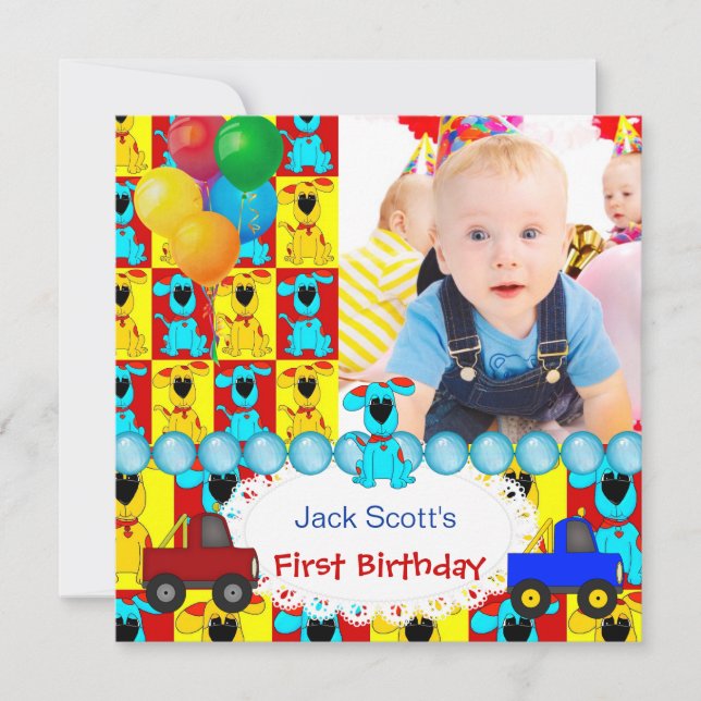 Baby Boy First Birthday 1st Colourful Puppy dogs Invitation (Front)