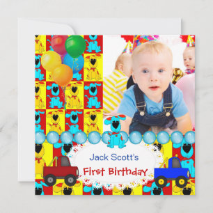 Baby Boy First Birthday 1st Colourful Puppy dogs Invitation