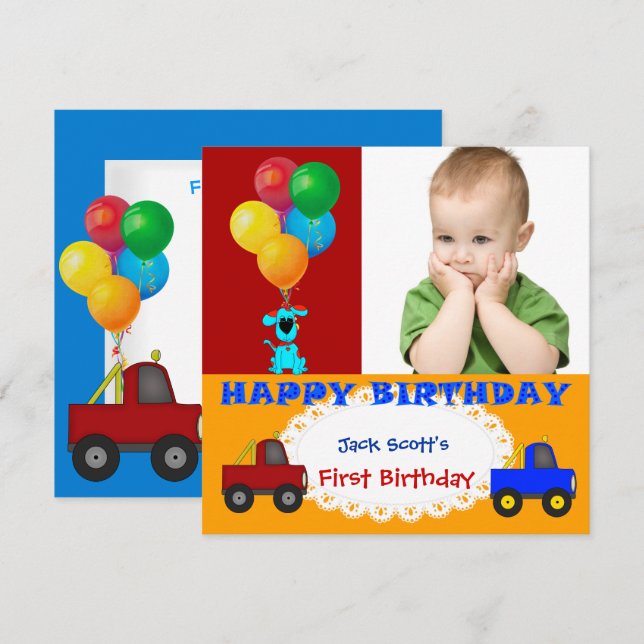 Baby Boy First Birthday 1st Colourful Puppy Trucks Invitation (Front/Back)