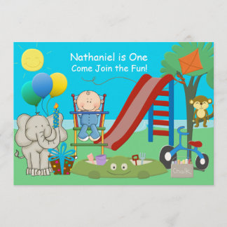 Baby Boy First Birthday Backyard Playground Invitation