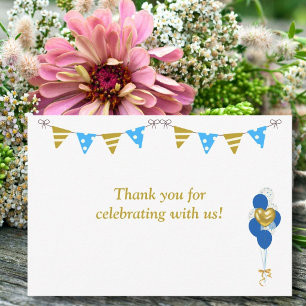 Baby Boy First Birthday Blue and Gold Custom Photo Thank You Card