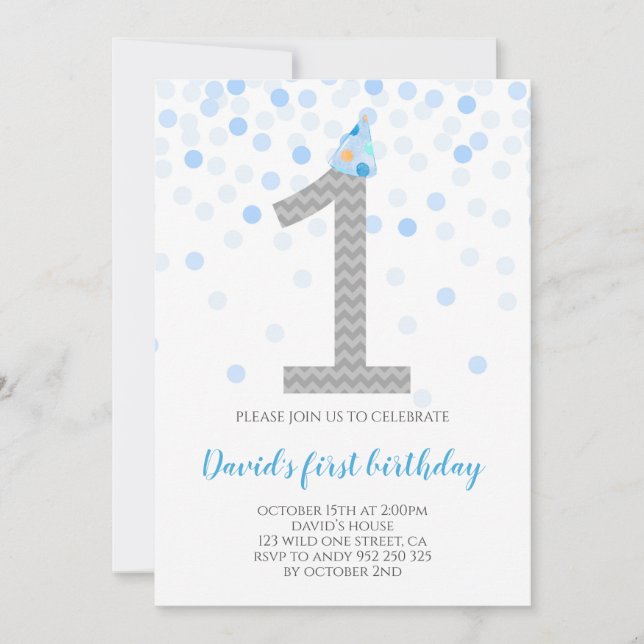 Baby Boy First Birthday Blue Confetti Boy Party Invitation (Front)