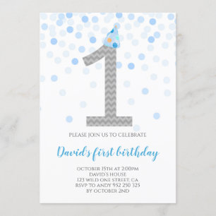 Baby Boy First Birthday Blue Confetti Boy Party Invitation