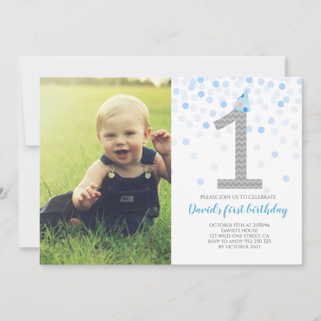Baby Boy First Birthday Blue Confetti Photo Invitation (Front)