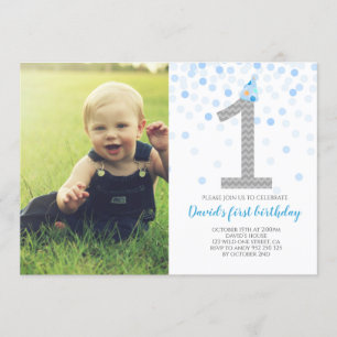 Baby Boy First Birthday Blue Confetti Photo Invitation