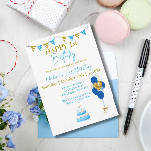 Baby Boy First Birthday Blue Gold Balloons Cake Invitation