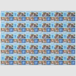 Baby Boy First Birthday Cute Blue Photo Collage Tissue Paper