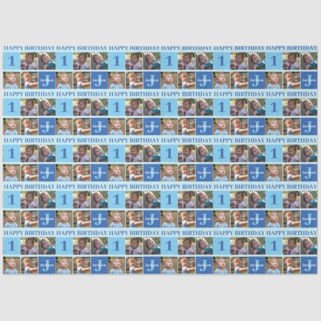 Baby Boy First Birthday Cute Blue Photo Collage Tissue Paper (Front)