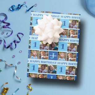 Baby Boy First Birthday Cute Photo Collage Blue Wrapping Paper Sheet
