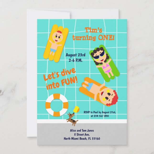 Baby boy first birthday pool party invitation (Front)