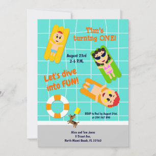 Baby boy first birthday pool party invitation