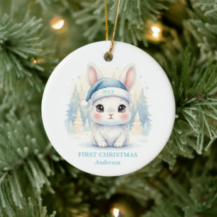 Baby Boy First Christmas Blue Bunny Photo Ceramic Tree Decoration