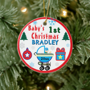 Baby Boy First Christmas Blue Hat NAME Ceramic Tree Decoration