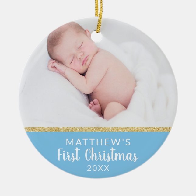Baby Boy FIRST Christmas Blue | Message  + PHOTO Ceramic Tree Decoration (Front)