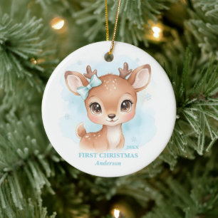 Baby Boy First Christmas Blue Reindeer Photo Ceramic Tree Decoration