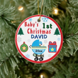 Baby Boy First Christmas Blue White Carriage NAME Ceramic Tree Decoration
