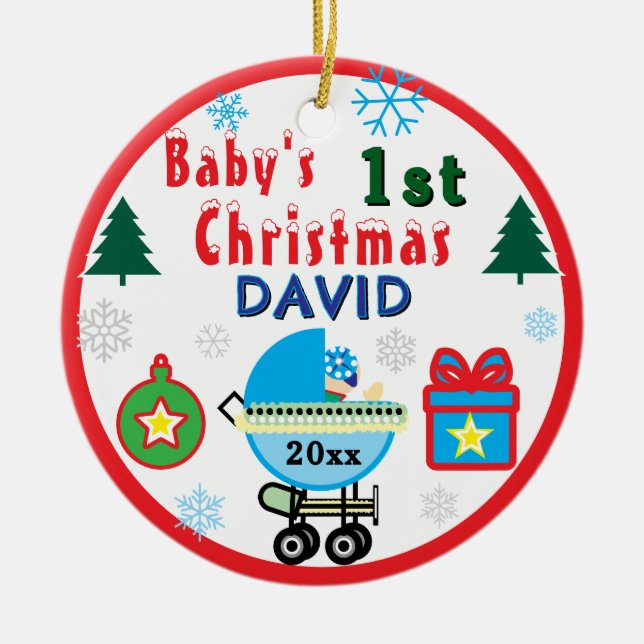 Baby Boy First Christmas Blue White Carriage NAME Ceramic Tree Decoration (Front)