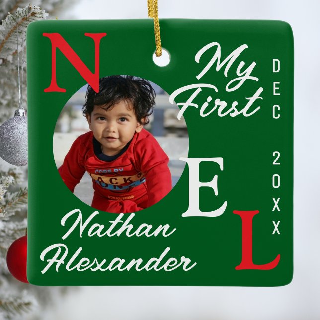Baby Boy First Christmas Colourful 1st Noel Photo  Ceramic Ornament (Creator Uploaded)