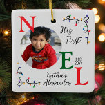 Baby Boy First Christmas Colourful First Noel Phot Ceramic Ornament<br><div class="desc">This 2-sided Customisable Baby Boy Photo 1st Noel Keepsake ornament, with it's bright, colourful, red green and white festive design and graphics, is the perfect gift, keepsake or addition to your holiday decor. Other product variations are available below. This product design can be purchased as is with your customisation, or...</div>