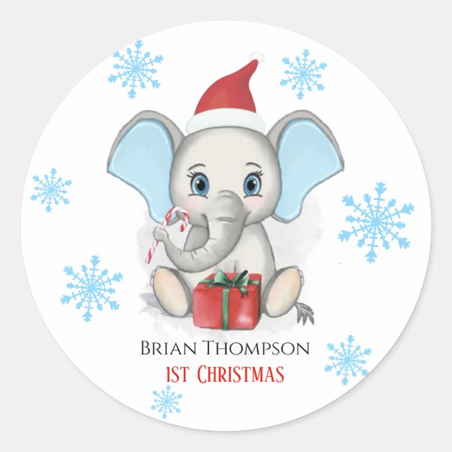 Baby Boy First Christmas Cute Elephant Holidays Classic Round Sticker (Front)