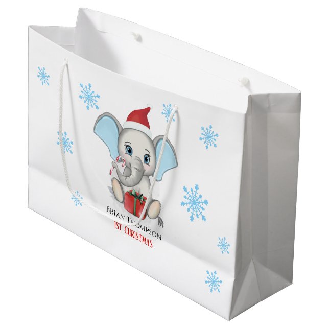 Baby Boy First Christmas Cute Elephant Holidays Large Gift Bag (Front Angled)