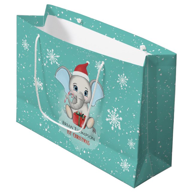 Baby Boy First Christmas Cute Elephant Holidays Large Gift Bag (Front Angled)
