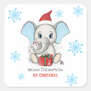 Baby Boy First Christmas Cute Elephant Holidays Square Sticker