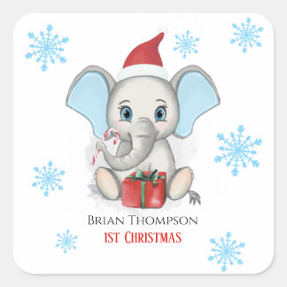 Baby Boy First Christmas Cute Elephant Holidays Square Sticker