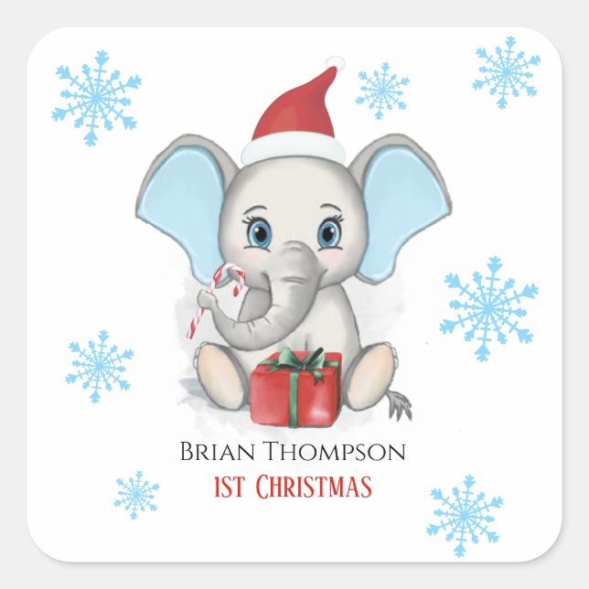 Baby Boy First Christmas Cute Elephant Holidays Square Sticker (Front)