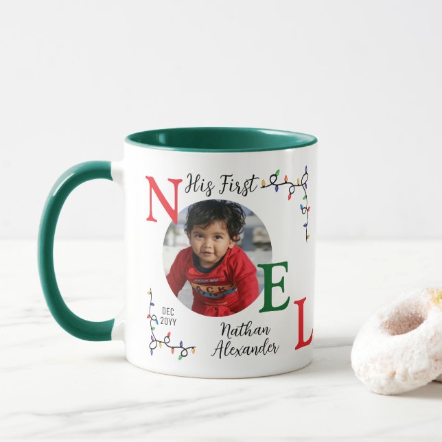 Baby Boy First Christmas Festive First Noel Photo Mug (With Donut)