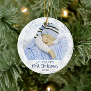 Baby Boy First Christmas Photo Blue Snowflake Name Ceramic Tree Decoration