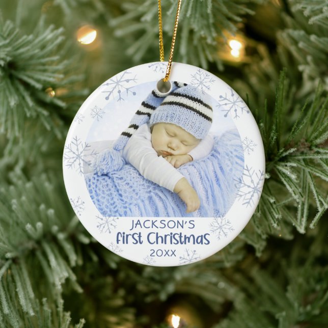Baby Boy First Christmas Photo Blue Snowflake Name Ceramic Tree Decoration (Tree)