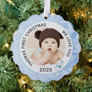 Baby Boy First Christmas Photo Icy Blue  Tree Decoration Card