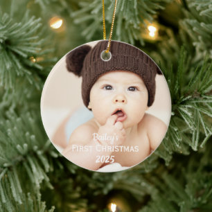 Baby Boy First Christmas Photo Name Blue Ceramic Tree Decoration